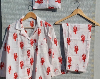 Handblock Cotton Pajama Set, Lobster Print, Summer Loungewear