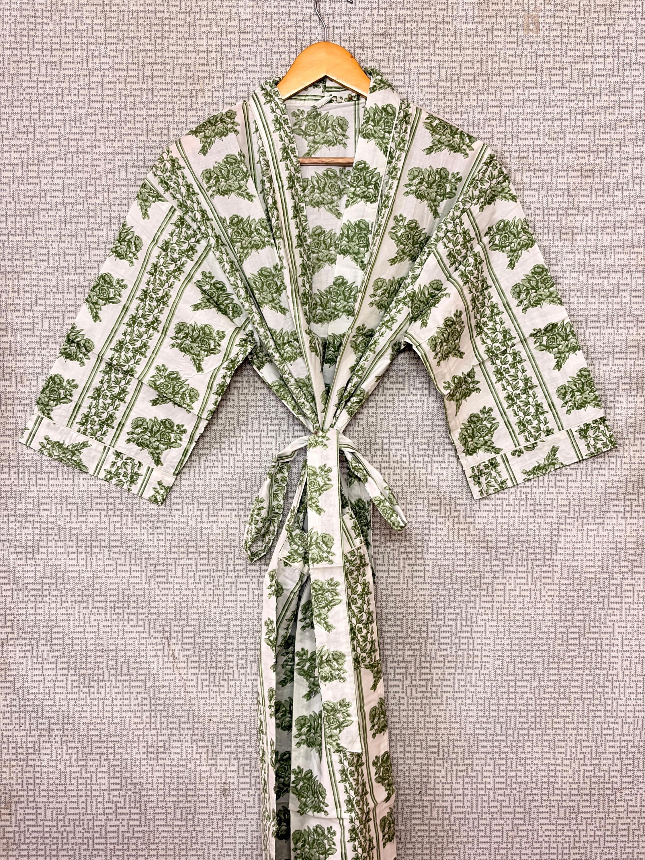 Hand Block Printed Cotton Kimono Robe, Floral Print Loungewear