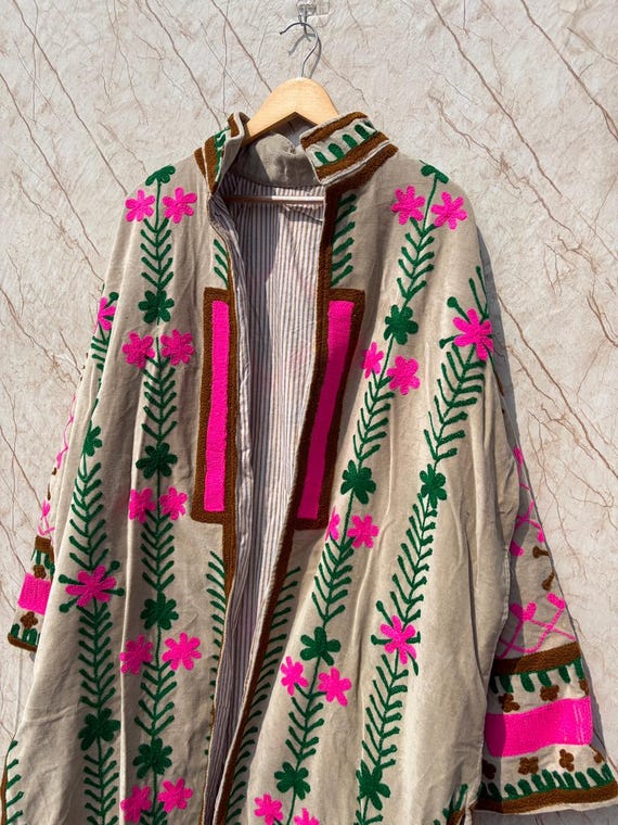 Suzani Velvet Long Jacket | Handmade Floral Embroidered Boho Winter Coat