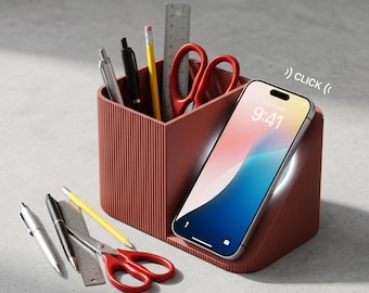 MagSafe Desk Stand | Ribbed Pen Holder | Modern Office Organizer | Charging Station | 3D Printed