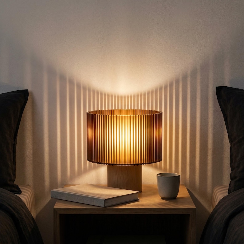 Japandi Table Lamp | Ribbed Amber Shade | Cozy Bedside Light