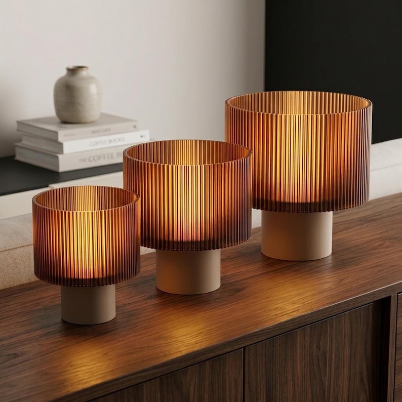 Japandi Table Lamp | Ribbed Amber Shade | Cozy Bedside Light