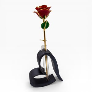May include: A red rose with gold detailing and a gold stem, presented in a black, heart-shaped vase. The rose has green leaves and is displayed in a clear glass tube. The vase is on a white background.
