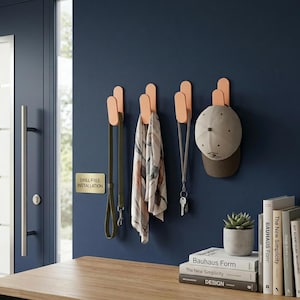 Könnte beinhalten: Eine Wandgarderobe mit fünf pfirsichfarbenen Haken. Eine Hundeleine, ein Schal, ein Schlüsselband mit Schlüsseln und eine Baseballkappe hängen an den Haken. Eine kleine Sukkulente in einem Betontopf und Bücher befinden sich auf einer Holzoberfläche. Der Text "DRILL FREE INSTALLATION" ist sichtbar.