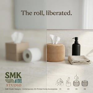 May include: A cylindrical, ribbed tan tissue holder with white tissues, a black soap dispenser, and a folded beige cloth. The text reads 'The roll, liberated.' and 'SMK STUDIO'. A four-step diagram illustrates the assembly of the tissue holder.