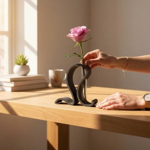Puede incluir: Un soporte negro mate de forma curva y abstracta que sostiene un jarrón de tubo de ensayo de vidrio transparente. Una rosa rosa claro con un tallo verde se coloca dentro del tubo de vidrio. El soporte presenta un diseño fluido con dos extremos.