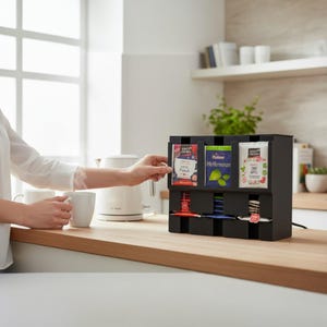 May include: A black tea bag organizer with three compartments, each holding tea bags with colorful packaging. The organizer is on a wooden countertop, with a person reaching for a tea bag. A white electric kettle and cups are in the background.