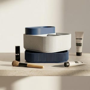 Stackable Makeup Box | Ribbed Vanity Organizer | Modular Storage | 3D Printed Decor