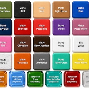 May include: A grid of twenty-six square tiles displaying various colors and finishes. The top rows feature matte shades including army green, black, skin, light brown, blue, navy, brick red, pastel red, purple, pink, chocolate, white, and marble.