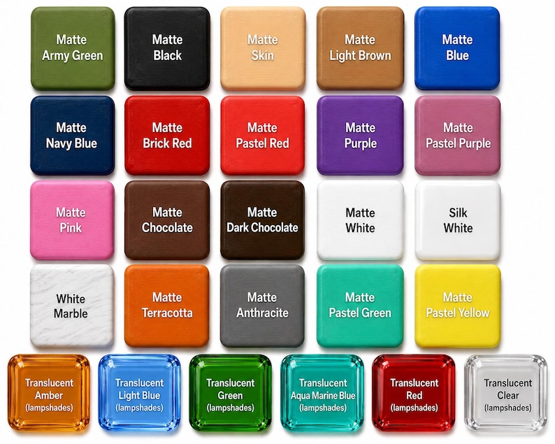 May include: A grid of twenty-six square tiles displaying various colors and finishes. The top rows feature matte shades including army green, black, skin, light brown, blue, navy, brick red, pastel red, purple, pink, chocolate, white, and marble.
