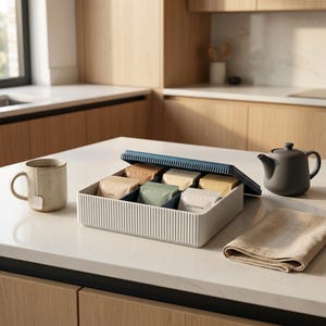 Organizer per bustine di tè con coperchio – Scatola portaoggetti a 6 scomparti