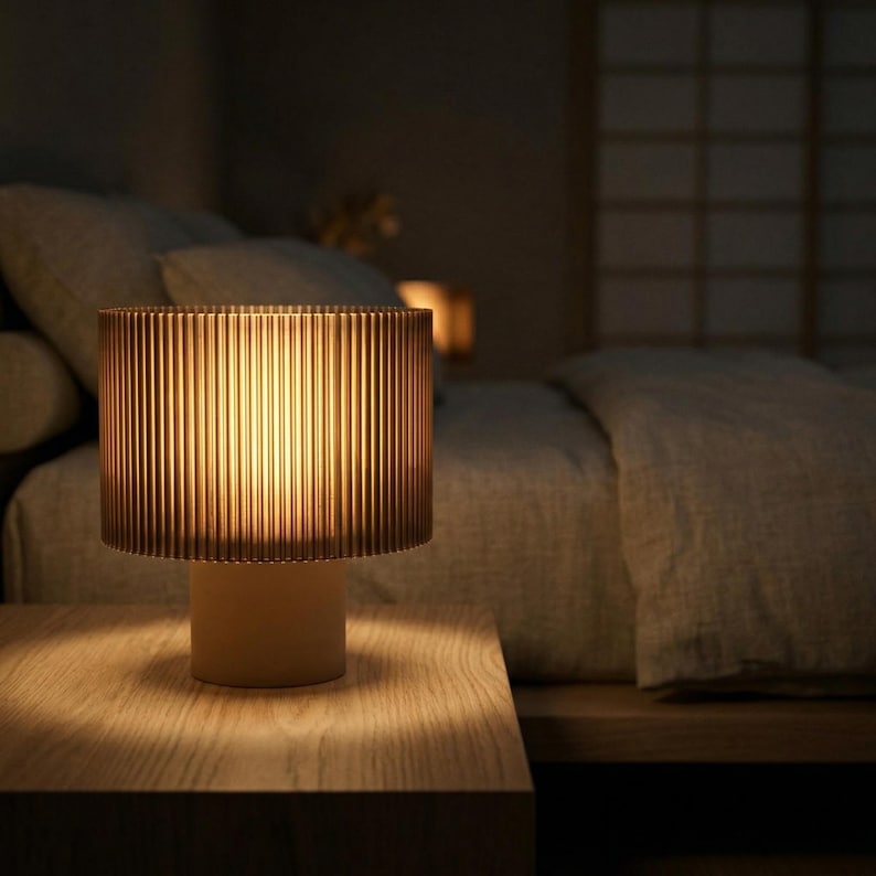Japandi Table Lamp | Ribbed Amber Shade | Cozy Bedside Light