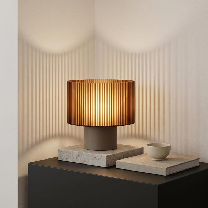 Japandi Table Lamp | Ribbed Amber Shade | Cozy Bedside Light