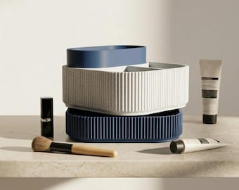 Stackable Makeup Box | Ribbed Vanity Organizer | Modular Storage | 3D Printed Decor