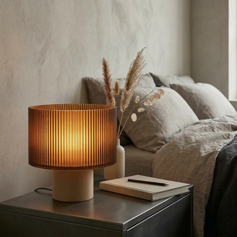 Japandi Table Lamp | Ribbed Amber Shade | Cozy Bedside Light