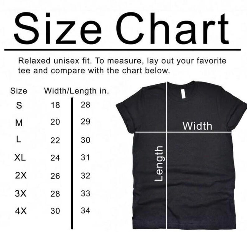 Może przedstawiać: Czarny t-shirt z tabelą rozmiar&oacute;w. Tabela zawiera rozmiary od S do 4XL, z odpowiadającymi im wymiarami szerokości i długości w calach. Tekst "Size Chart" znajduje się na g&oacute;rze. Koszulka jest mierzona pod względem szerokości i długości.