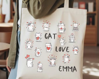 Personalized Cat Tote Bag, Custom Name Gift for Cat Lovers, Cute Kitten Canvas Bag, Kawaii Cat Mom Gift, Reusable Grocery Shopper with Name
