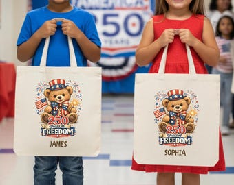 Personalized Kids 4th of July Tote, Patriotic Bear Bag, Custom Name Summer Bag, America 250th Anniversary, Toddler Fireworks Tote
