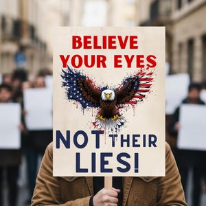 Pode incluir: Uma pessoa segurando uma placa com o texto "BELIEVE YOUR EYES NOT THEIR LIES!" e uma ilustra&ccedil;&atilde;o de uma &aacute;guia com a bandeira americana. Outras pessoas ao fundo seguram placas em branco. A pessoa est&aacute; vestindo uma jaqueta marrom.