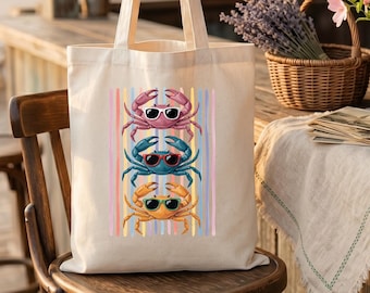 Cool Crabs Summer Tote Bag, Retro Beach Bag with Sunglasses, Coastal Crab Aesthetic Tote, Fun Nautical Beach Accessory, Summer Vacation Bag