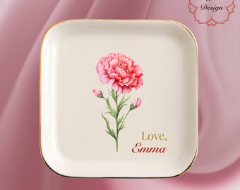 Personalized Birth Flower Trinket Dish, Custom Name Floral Ring Dish, Round, Heart or Square Ceramic Jewelry Storage, Christmas Gift