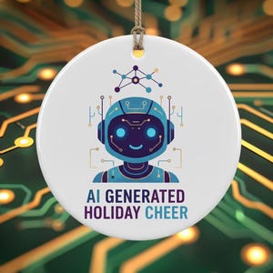 May include: A round, white ceramic ornament with a robot graphic and the text "AI GENERATED HOLIDAY CHEER." The robot is blue and purple with a smiling face. The ornament hangs from a natural-colored string against a blurred circuit board background.