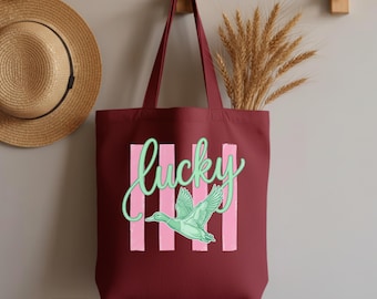 Lucky Duck Aesthetic Canvas Tote, Mint Green Duck Beach Bag, Pink Striped Reusable Market Bag, Trendy Summer Graphic Shoulder Bag