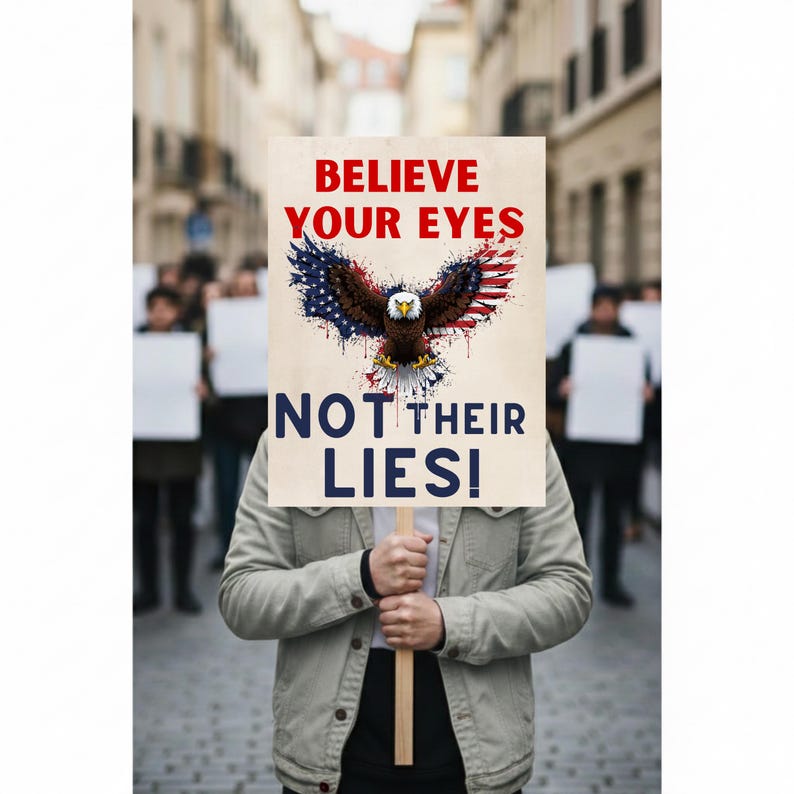 Pode incluir: Uma pessoa segurando uma placa com o texto "BELIEVE YOUR EYES NOT THEIR LIES!" e um gr&aacute;fico de uma &aacute;guia com as cores da bandeira americana. A placa &eacute; segurada na frente da pessoa, obscurecendo seu rosto. O fundo mostra uma cena de rua com outras pessoas.