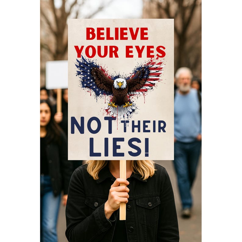 Pode incluir: Uma placa com o texto "BELIEVE YOUR EYES NOT THEIR LIES!" em vermelho e preto. A placa apresenta uma &aacute;guia com as asas abertas, incorporando o design da bandeira americana.