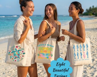 Retro Summer Vibes Bag, Colorful Watercolor Beach Tote, 100% Cotton Vacation Bag, Boho Sunny Day Accessory, Elure Home Summer Collection
