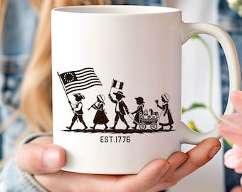Personalized America 250th Mug, EST 1776 Colonial Parade Gift, Revolutionary War Silhouette Coffee Cup, Custom Name Patriotic Mug, 11oz 15oz