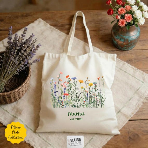 Personalized Wildflower Tote Bag, Custom Mama Canvas Bag, Grandma Floral Gift, Auntie Est 2025 Bag, Mothers Day Gift