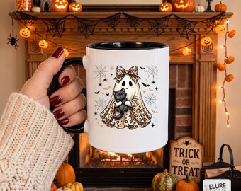 Spooky Babe Mug Retro Halloween Coffee Cup Custom Name Fall Season Gift Colored Accent Handle 11oz 15oz Cute Ghost Pumpkin Mug for Her