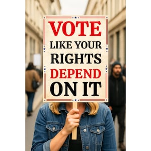 May include: A rectangular protest sign with a cream background and red and blue border accents. The text reads VOTE LIKE YOUR RIGHTS DEPEND ON IT in bold red and black lettering. The sign features small blue stars along the vertical borders.