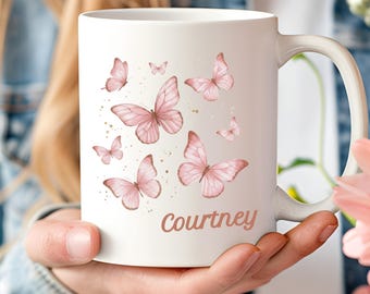 Personalized Pink Butterfly Mug, Custom Name Gift for Her, Aesthetic Spring Coffee Cup, Cute Nature Lover Present, Watercolor Butterflies