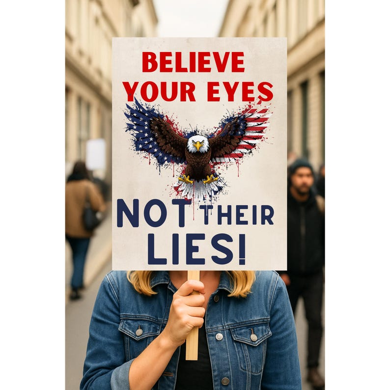 Pode incluir: Uma placa com o texto "BELIEVE YOUR EYES NOT THEIR LIES!" e uma ilustra&ccedil;&atilde;o de uma &aacute;guia em vermelho, branco e azul. A pessoa que segura a placa est&aacute; usando uma jaqueta jeans. O fundo est&aacute; desfocado.