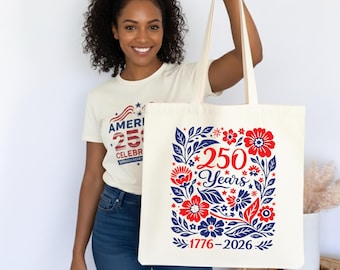 Red White Blue Floral Tote, Patriotic Folk Art Bag, 250 Years America Bag, Vintage Style USA Tote, 4th of July Celebration Bag