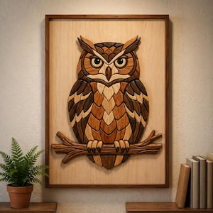 Può includere: Un'opera d'arte da parete in legno a forma di gufo. Il gufo è realizzato con varie tonalità di legno marrone, creando un effetto a mosaico. È appollaiato su un ramo e incorniciato in un bordo di legno scuro.