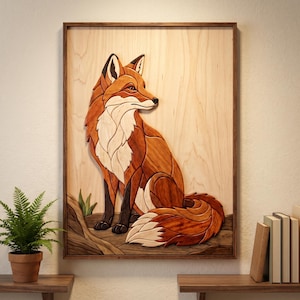 May include: A wooden wall art piece featuring a detailed mosaic of a fox. The fox is depicted in shades of brown, orange, and white, with a dark brown frame. The artwork showcases the fox sitting on a brown surface with green grass.