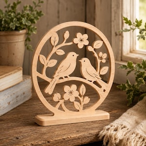 Könnte beinhalten: Ein dekoratives Ornament aus hellem Holz mit einem kreisförmigen Rahmen und einem Ausschnittdesign von zwei Vögeln, die auf einem Ast sitzen, umgeben von Blumen und Blättern. Das Stück steht auf einem rechteckigen Holzsockel und ist glatt.