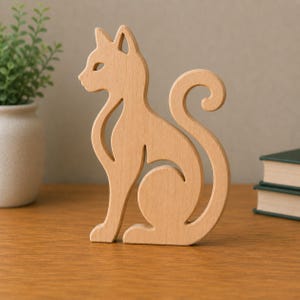 Può includere: Una statuetta di gatto in legno marrone chiaro caratterizzata da una silhouette stilizzata con finitura liscia, orecchie a punta e coda ricurva. Il gatto è raffigurato in posizione seduta con dettagli intagliati che definiscono collo e zampe.