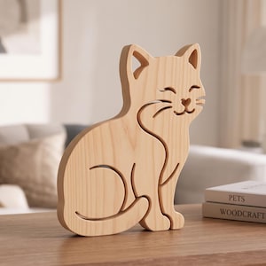 May include: A light-colored wooden cat figurine featuring a smooth, natural grain finish. The cat is depicted in a seated position with its eyes closed in a serene expression, with cut-out lines defining its body, tail, and facial features.