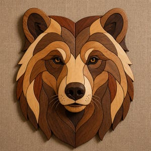 Puede incluir: Adorno de pared con cabeza de oso de madera. La cara del oso está hecha de diferentes tonos de madera marrón, creando un efecto de mosaico. Los ojos son de color ámbar y la nariz es de un marrón más oscuro. Montado sobre un fondo de tono neutro.
