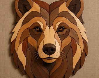May include: Wooden bear head wall art. The bear's face is crafted from various shades of brown wood, creating a mosaic-like effect. The eyes are a warm amber color, and the nose is a darker brown. The piece is mounted on a neutral-toned background.