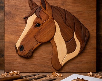 May include: A wooden horse head sculpture, crafted from various shades of brown wood, mounted on a rectangular wooden panel. The horse's mane and face feature lighter wood accents. Carving tools and a design sketch are visible below.