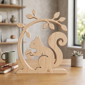 May include: A light-colored wooden cutout sculpture featuring a squirrel holding an acorn, framed by a curved branch with leaves. The design is flat and stands on a rectangular base, showcasing the natural grain of the light wood material.