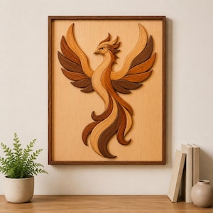 Phoenix Wooden  Intarsia Pattern | Rustic Woodworking Wall Art Plans | DIY Scroll Saw Wooden Craft Project | Veneer Digital PDF Download