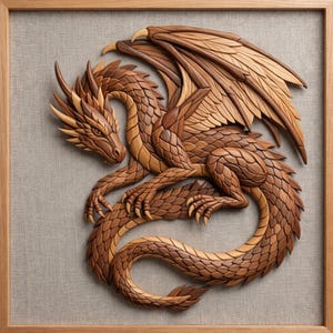 May include: A detailed wooden dragon sculpture in a wooden frame. The dragon is carved from various shades of brown wood, with intricate details in the scales, wings, and claws. The dragon is posed in a curled position, with its wings spread.