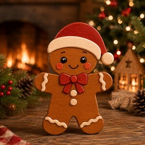 May include: A brown wooden gingerbread person figurine wearing a red Santa hat with a cream-colored brim. The figure features a red bow tie, two cream-colored buttons on the torso, wavy cream-colored icing details on the limbs, and rosy cheeks.