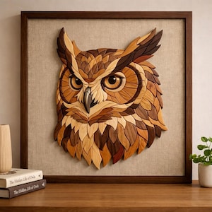 May include: A wooden owl wall art piece. The owl's head is crafted from various shades of brown wood, creating a mosaic effect. The artwork is framed in a dark brown wooden frame and mounted on a beige fabric background. The owl's eyes are large and round.